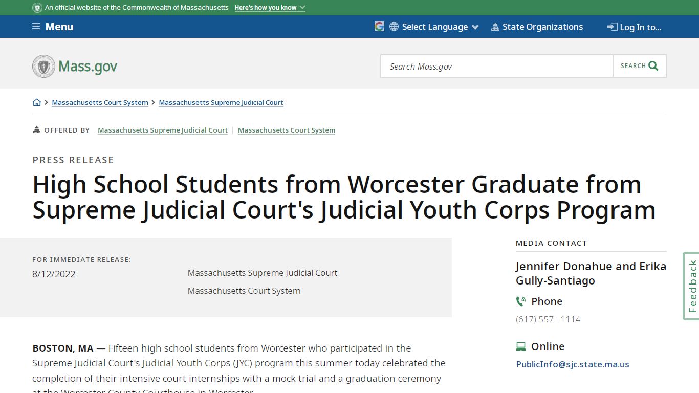 High School Students from Worcester Graduate from Supreme Judicial ...